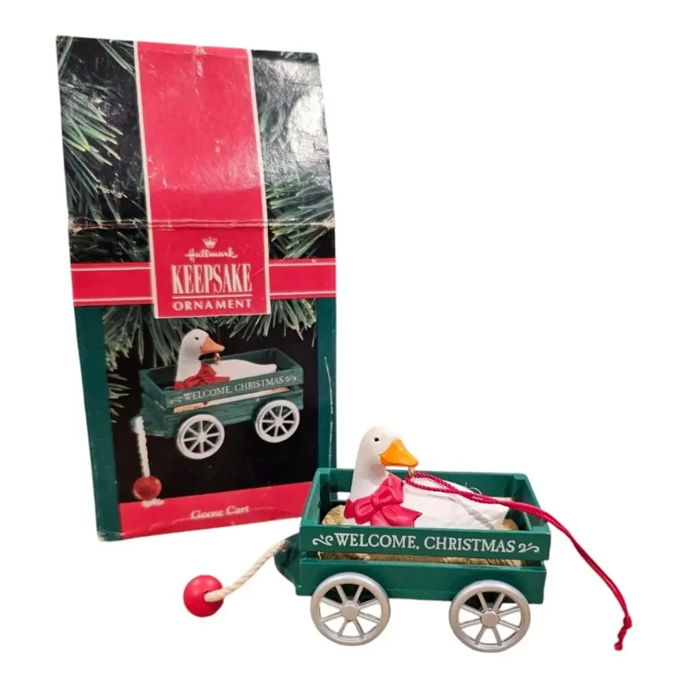 1990 Goose Cart with Welcome Christmas on Wagon Hallmark Ornament in Orig. Box